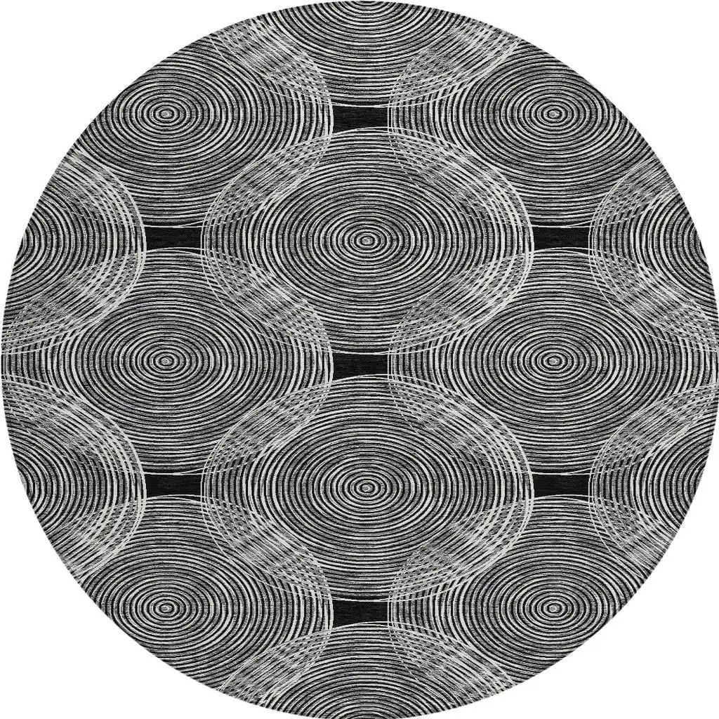8' Black And Ivory Round Geometric Washable Indoor Outdoor Area Rug Homeroots Outdoor