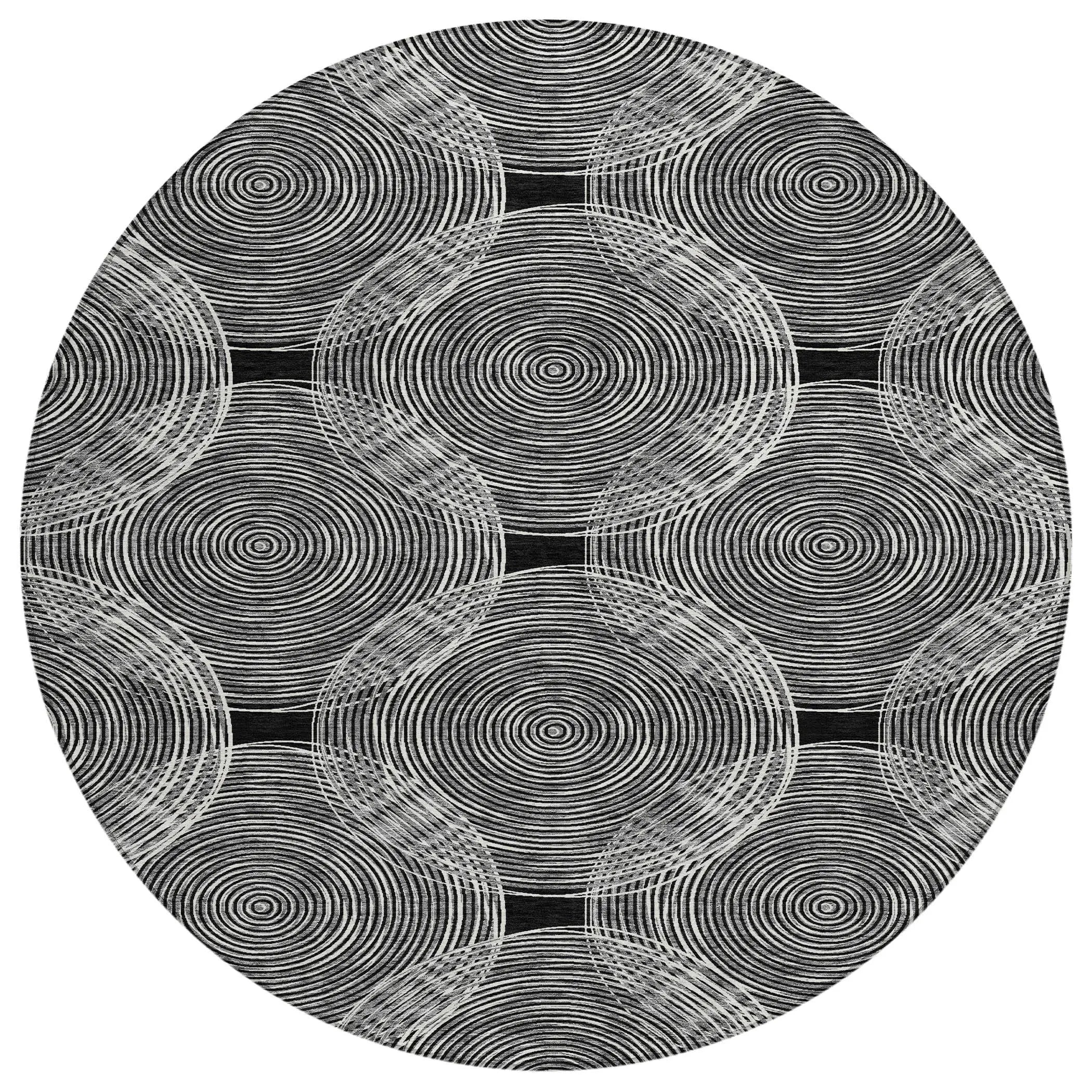 8' Black And Ivory Round Geometric Washable Indoor Outdoor Area Rug Homeroots Outdoor