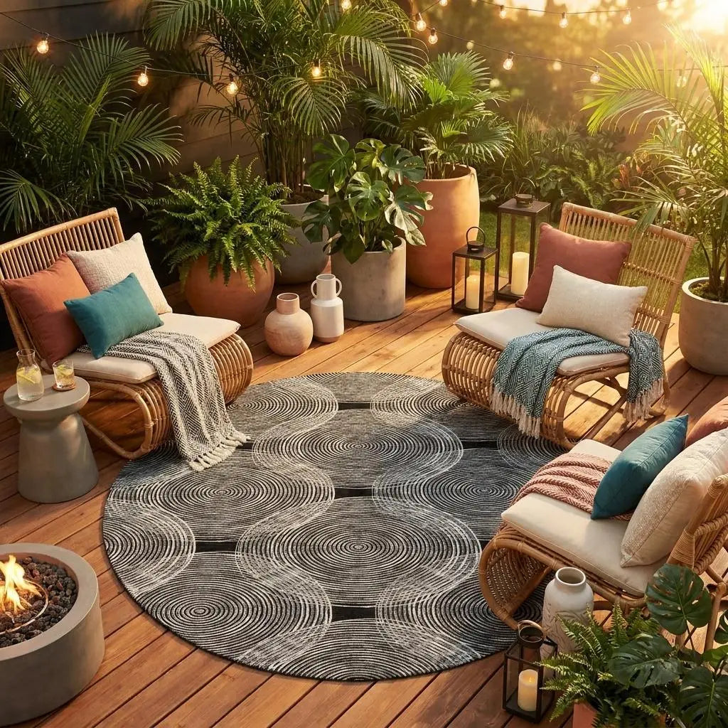8' Black And Ivory Round Geometric Washable Indoor Outdoor Area Rug Homeroots Outdoor