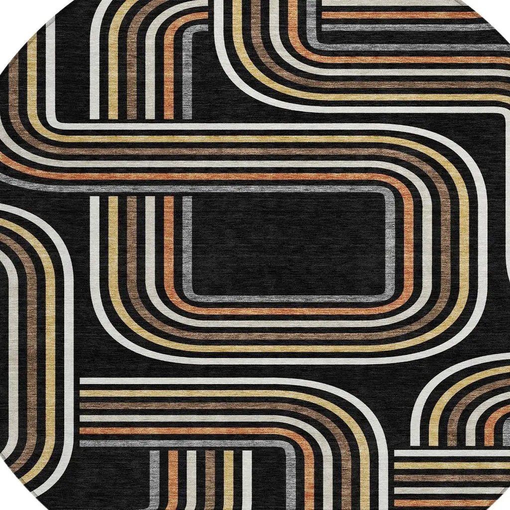 8' Black And Ivory Round Geometric Washable Indoor Outdoor Area Rug Homeroots Outdoor