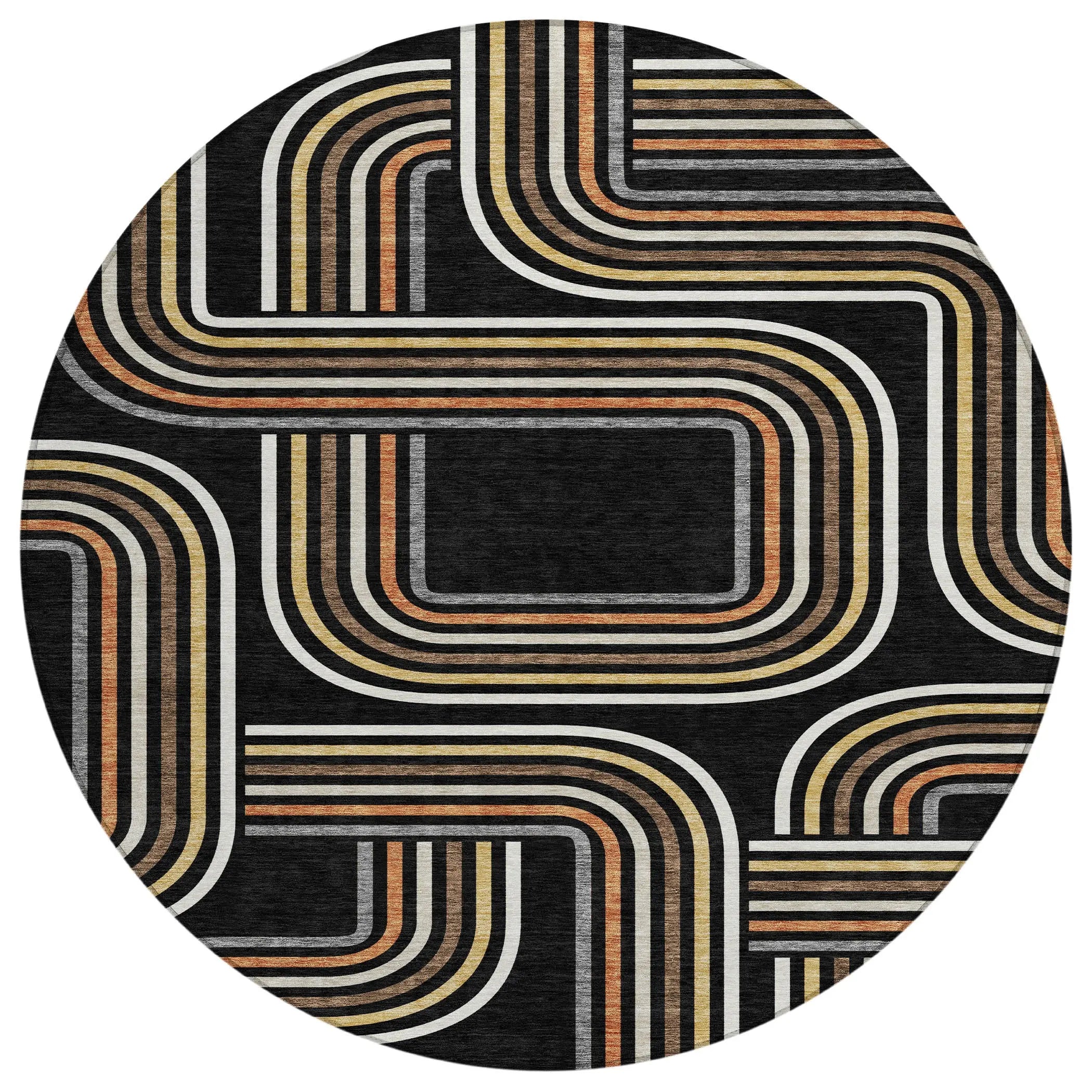 8' Black And Ivory Round Geometric Washable Indoor Outdoor Area Rug Homeroots Outdoor