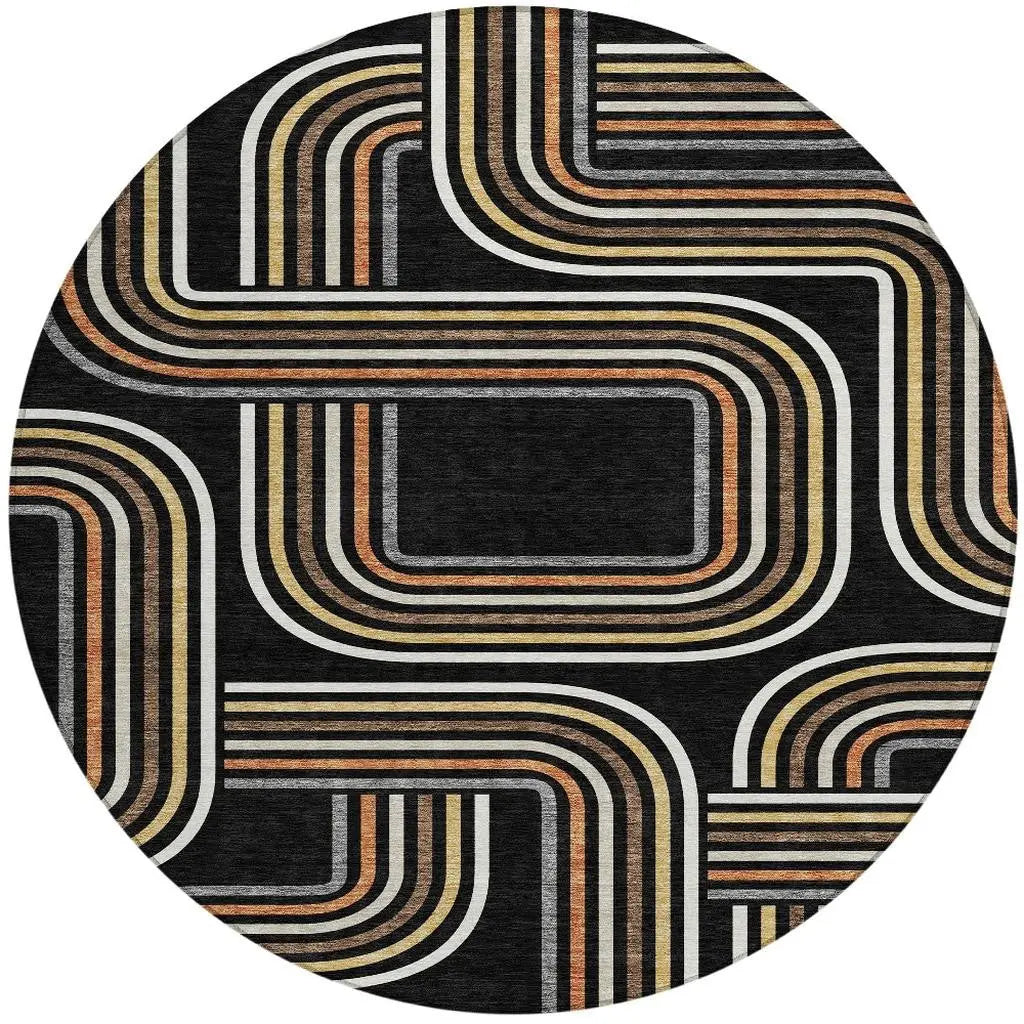 8' Black And Ivory Round Geometric Washable Indoor Outdoor Area Rug Homeroots Outdoor