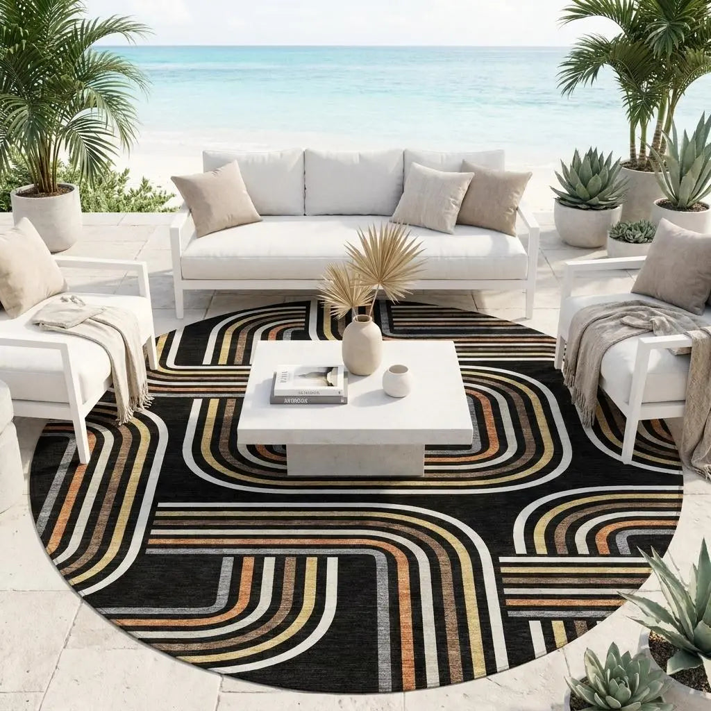 8' Black And Ivory Round Geometric Washable Indoor Outdoor Area Rug Homeroots Outdoor