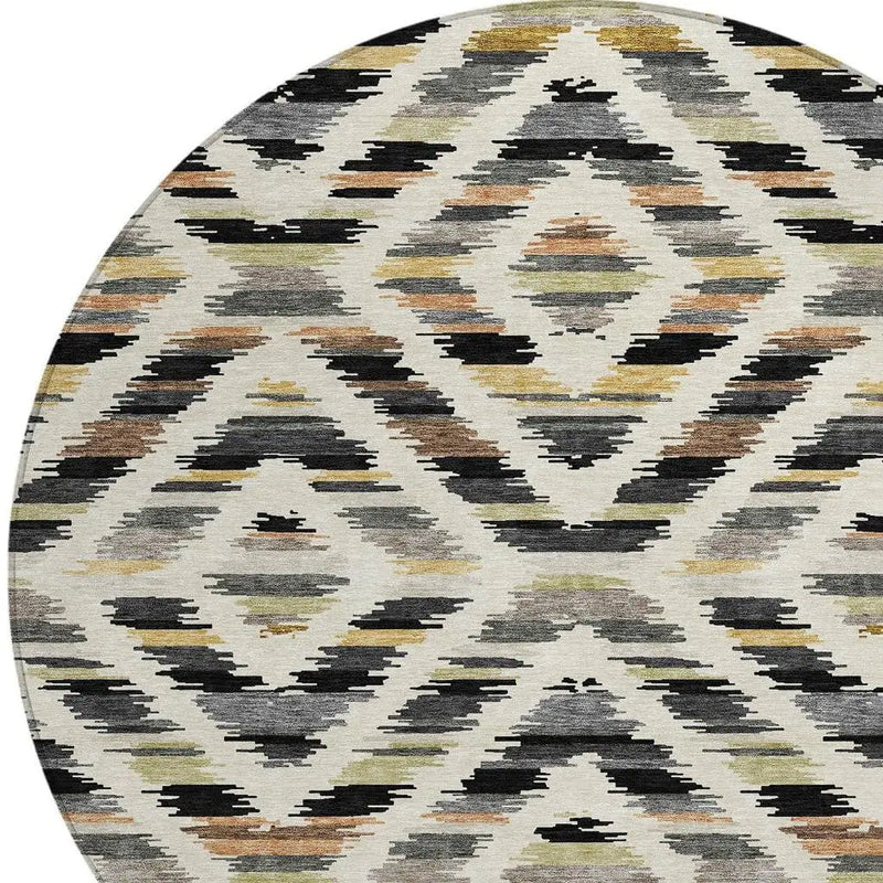 8' Black And Ivory Round Tribal Washable Indoor Outdoor Area Rug Homeroots Outdoor