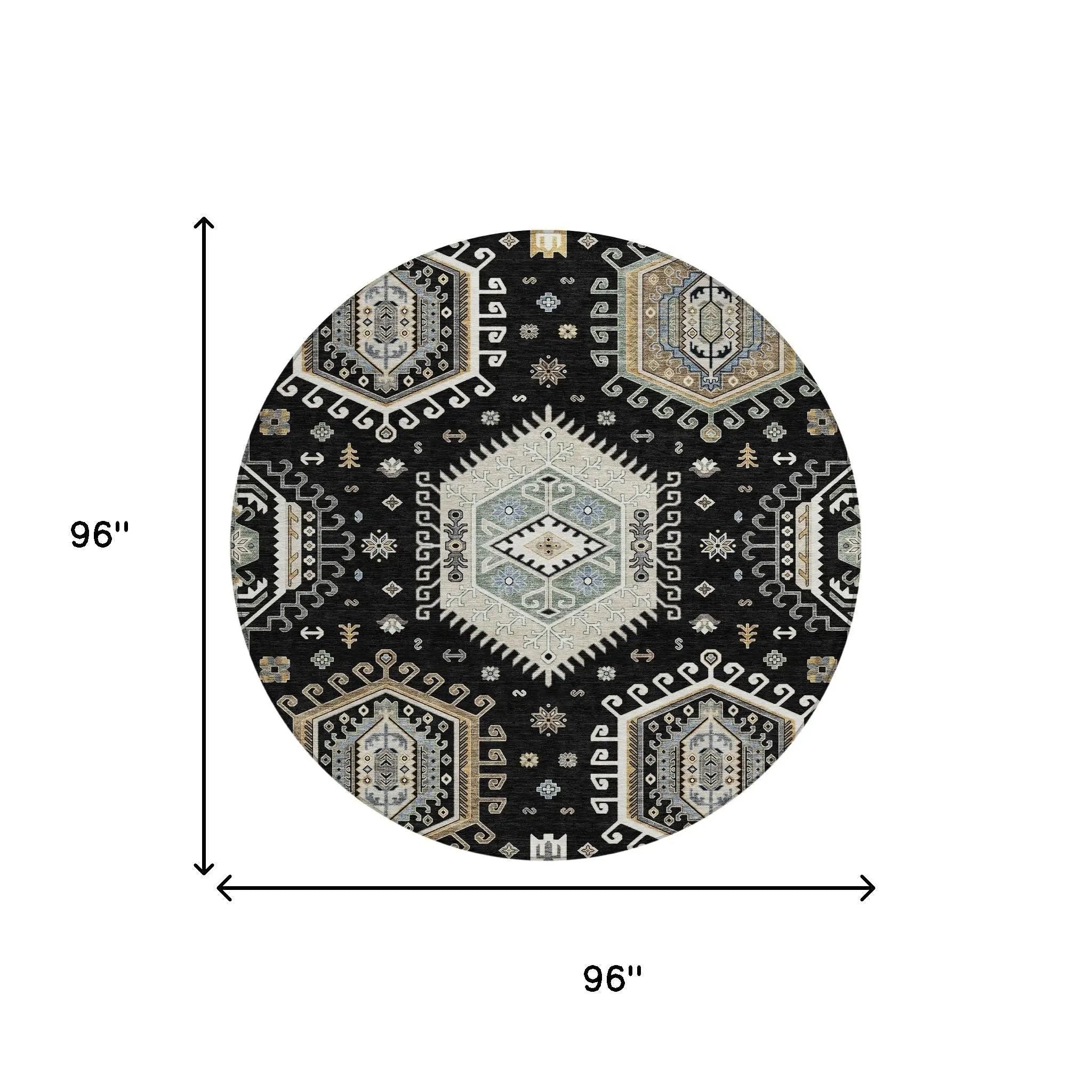8' Black And Ivory Round Tribal Washable Indoor Outdoor Area Rug Homeroots Outdoor