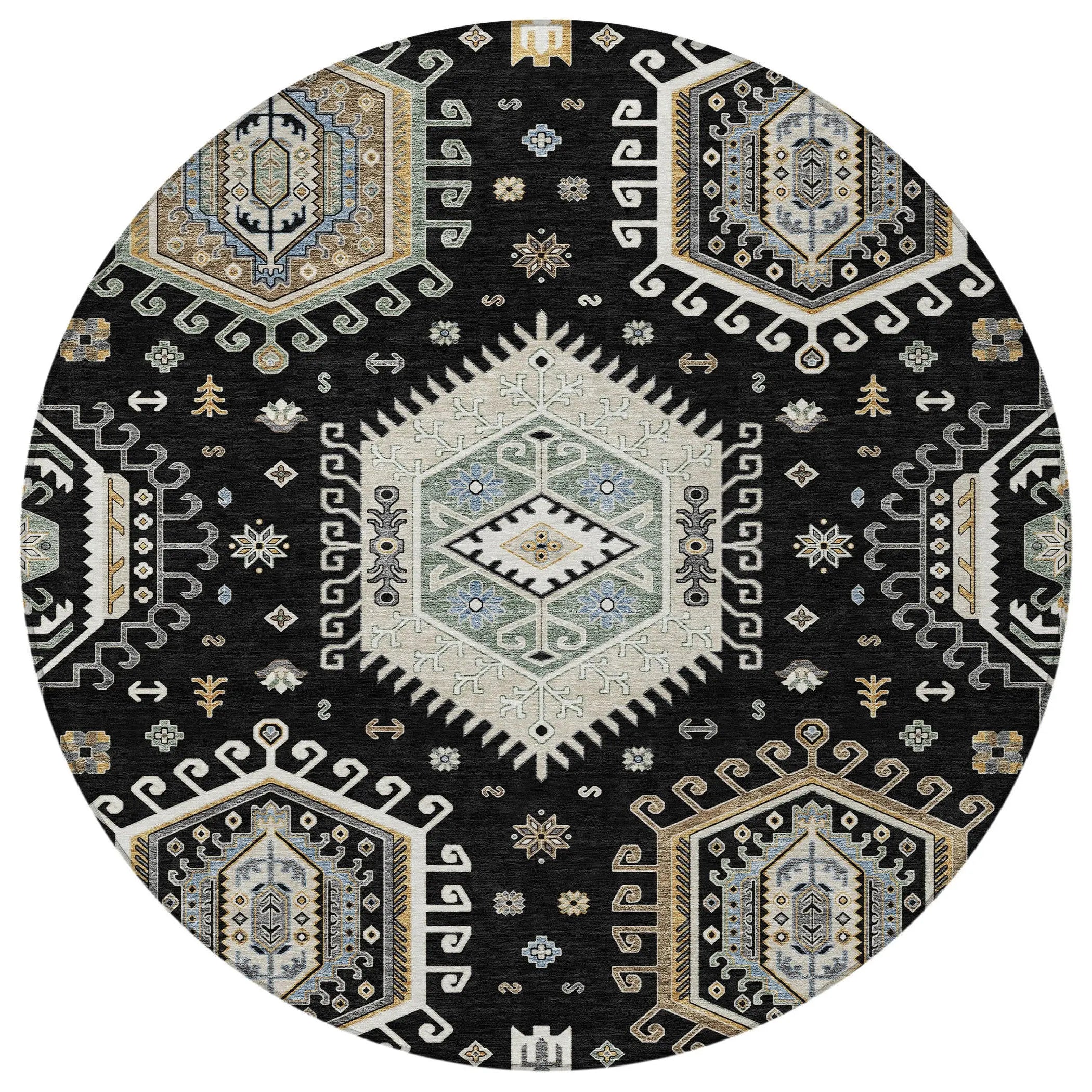 8' Black And Ivory Round Tribal Washable Indoor Outdoor Area Rug Homeroots Outdoor