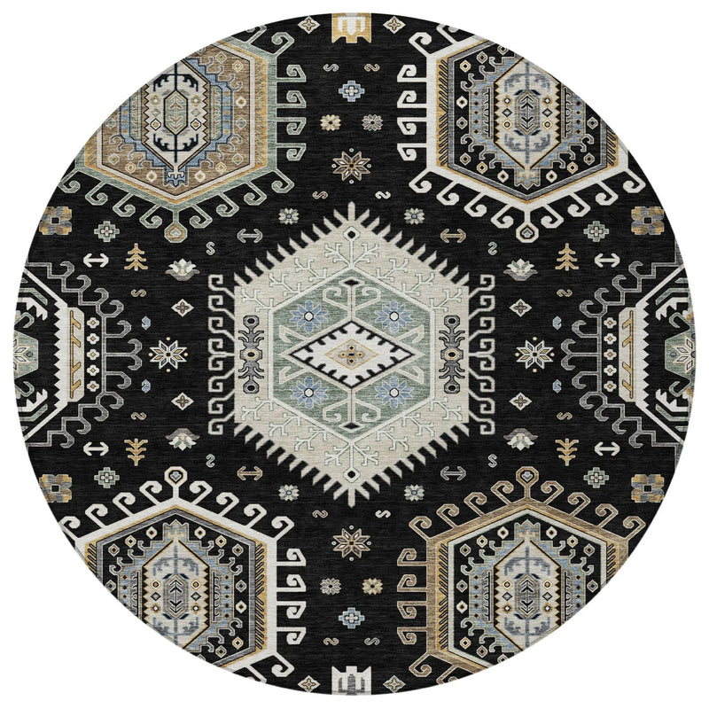 8' Black And Ivory Round Tribal Washable Indoor Outdoor Area Rug Homeroots Outdoor