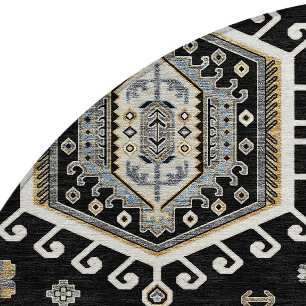 8' Black And Ivory Round Tribal Washable Indoor Outdoor Area Rug Homeroots Outdoor