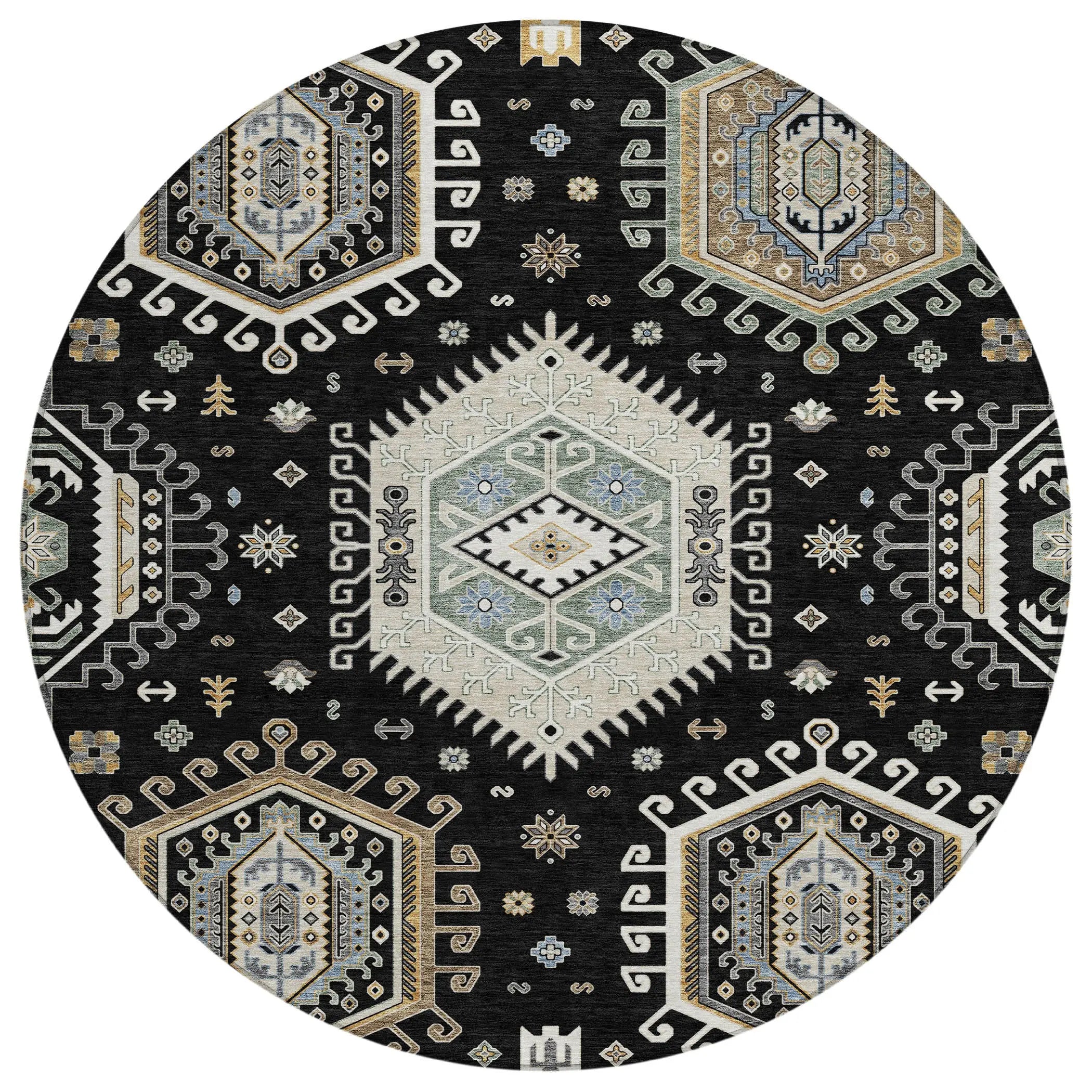 8' Black And Ivory Round Tribal Washable Indoor Outdoor Area Rug Homeroots Outdoor