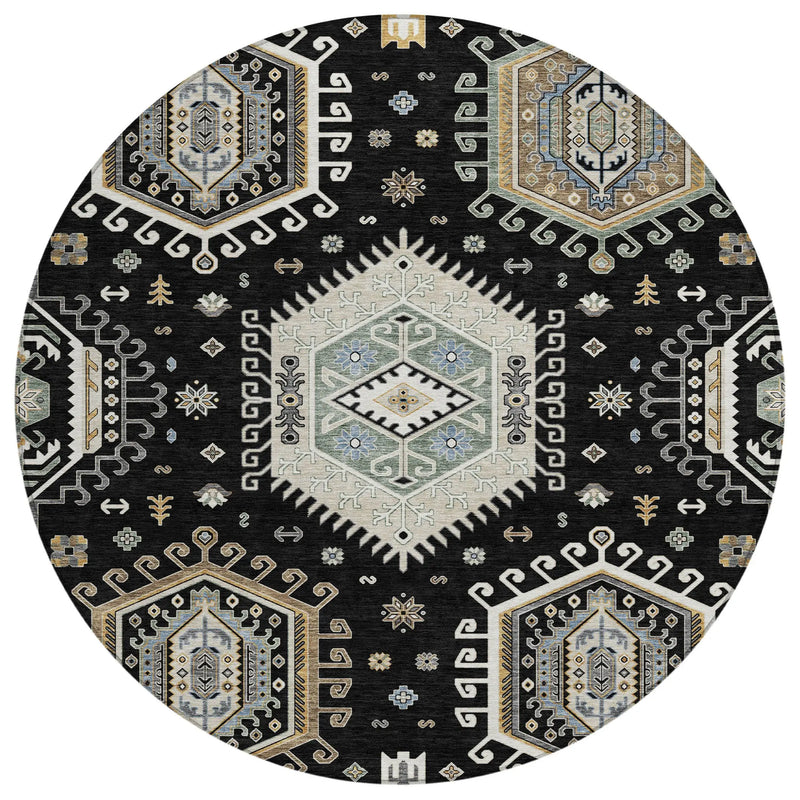 8' Black And Ivory Round Tribal Washable Indoor Outdoor Area Rug Homeroots Outdoor