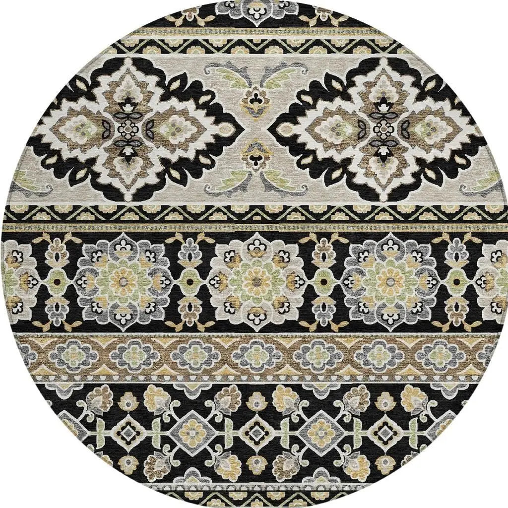 8' Black And Ivory Round Tribal Washable Indoor Outdoor Area Rug Homeroots Outdoor