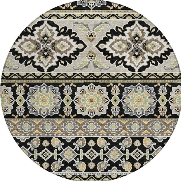 8' Black And Ivory Round Tribal Washable Indoor Outdoor Area Rug Homeroots Outdoor