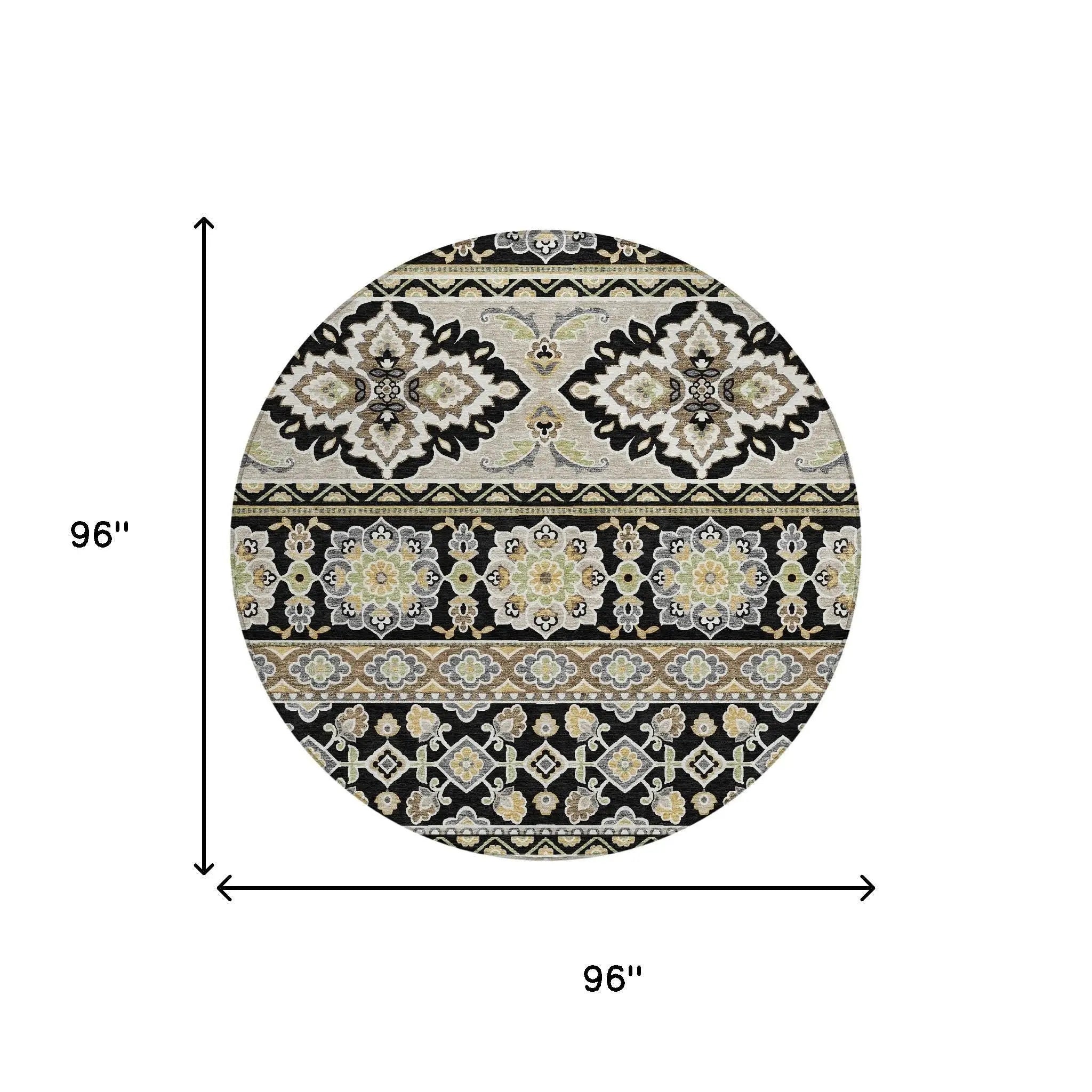 8' Black And Ivory Round Tribal Washable Indoor Outdoor Area Rug Homeroots Outdoor