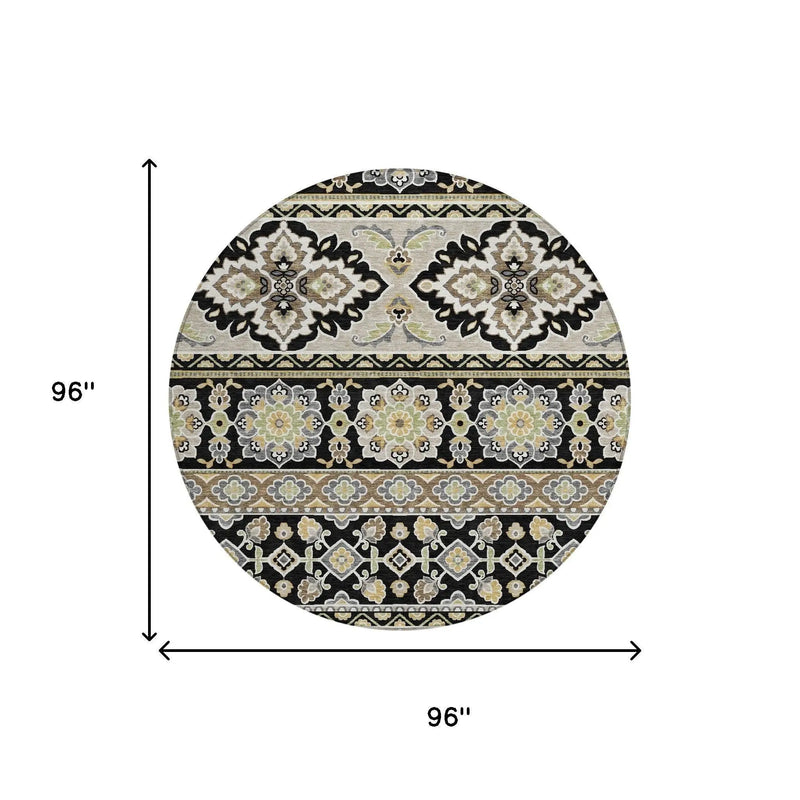 8' Black And Ivory Round Tribal Washable Indoor Outdoor Area Rug Homeroots Outdoor