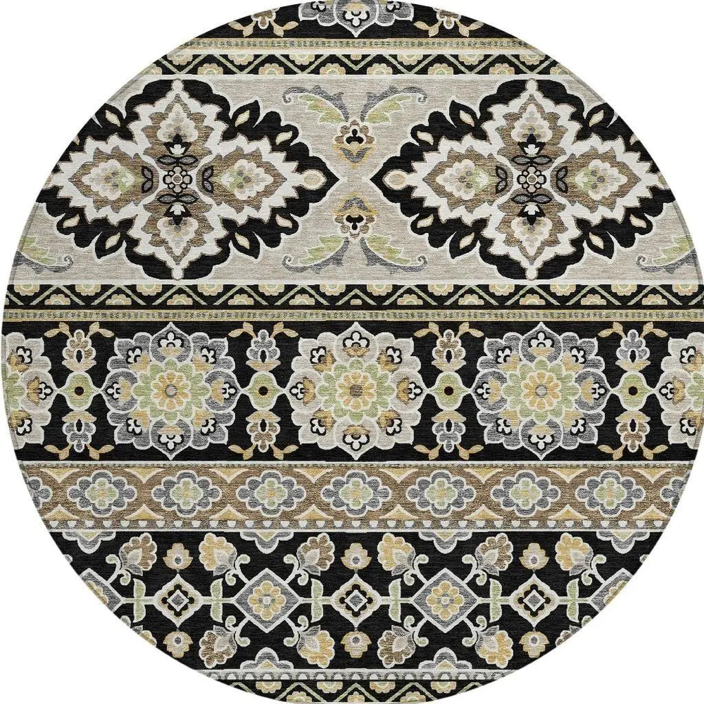 8' Black And Ivory Round Tribal Washable Indoor Outdoor Area Rug Homeroots Outdoor