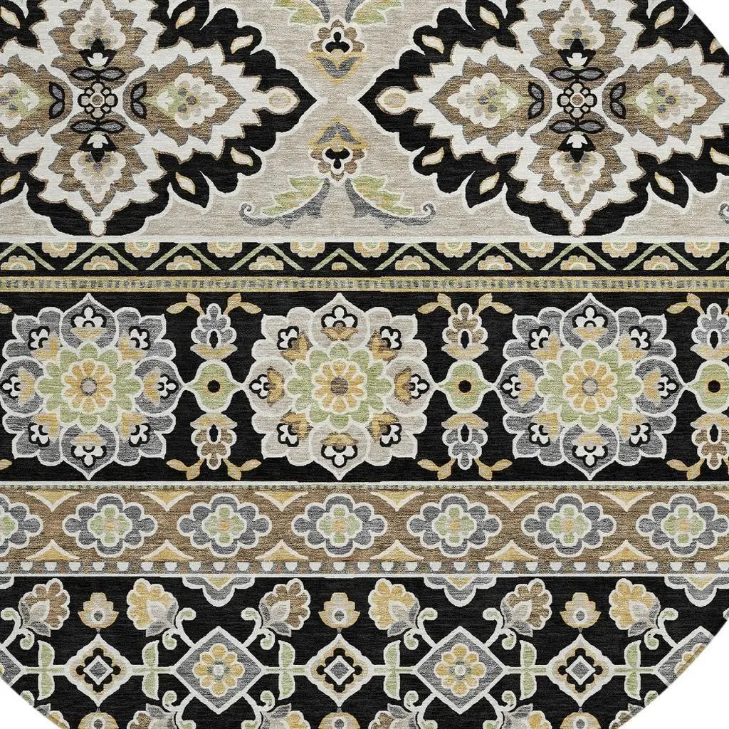 8' Black And Ivory Round Tribal Washable Indoor Outdoor Area Rug Homeroots Outdoor