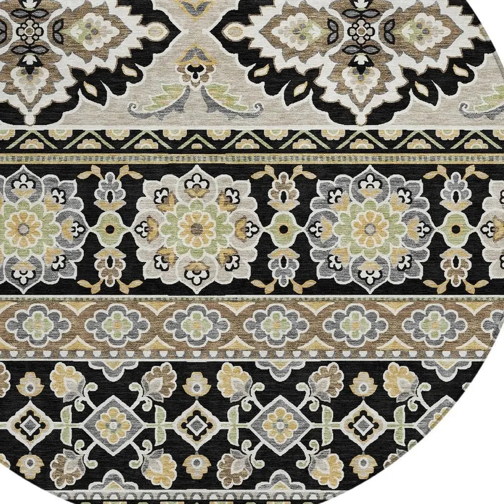 8' Black And Ivory Round Tribal Washable Indoor Outdoor Area Rug Homeroots Outdoor