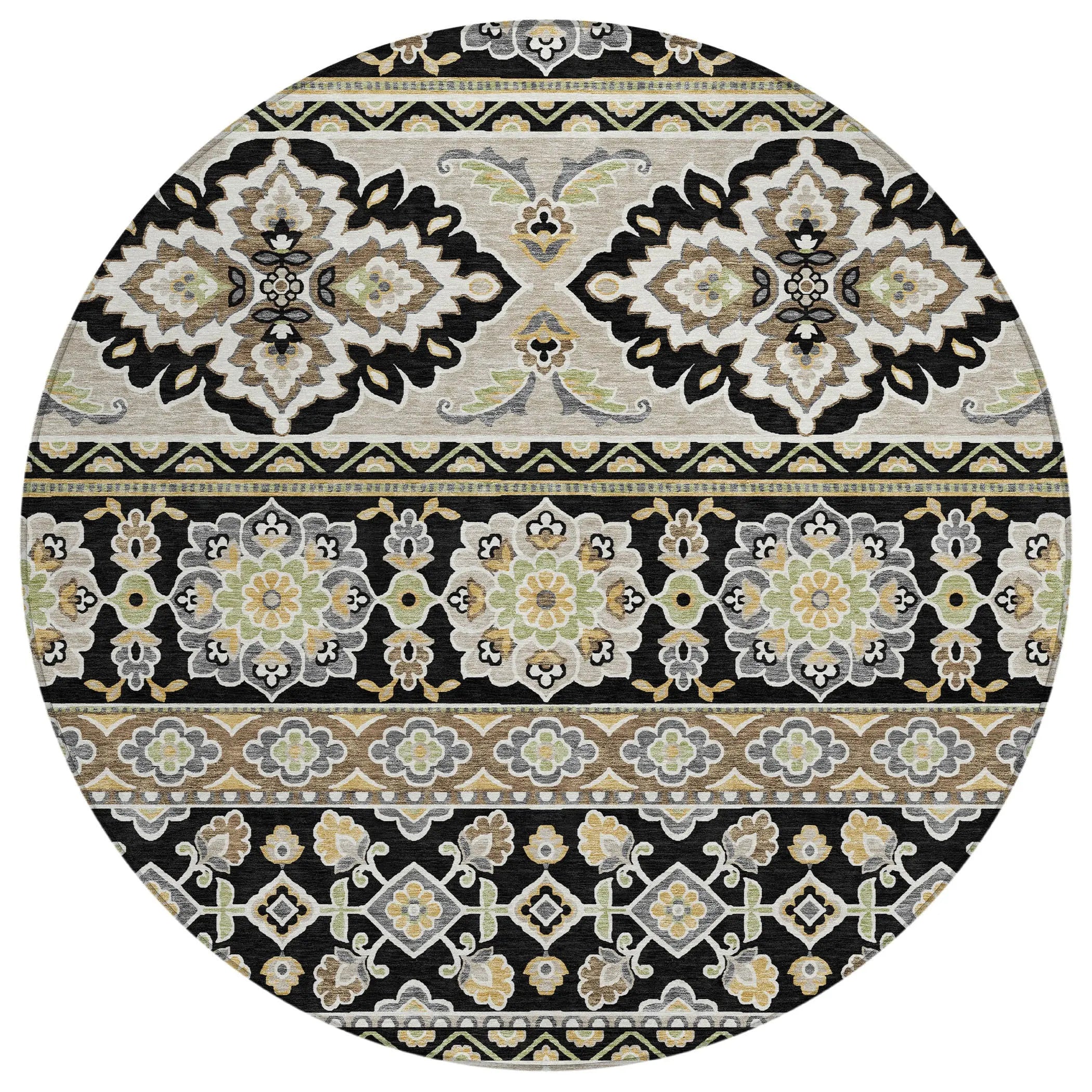 8' Black And Ivory Round Tribal Washable Indoor Outdoor Area Rug Homeroots Outdoor