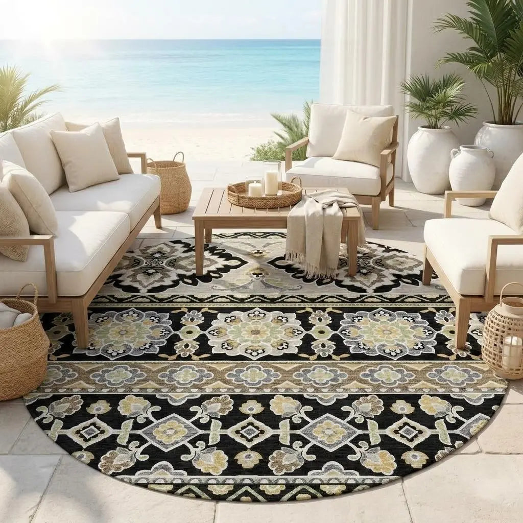 8' Black And Ivory Round Tribal Washable Indoor Outdoor Area Rug Homeroots Outdoor