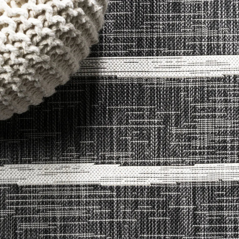 8' Black And Ivory Striped Indoor Outdoor Runner Rug Homeroots Outdoor