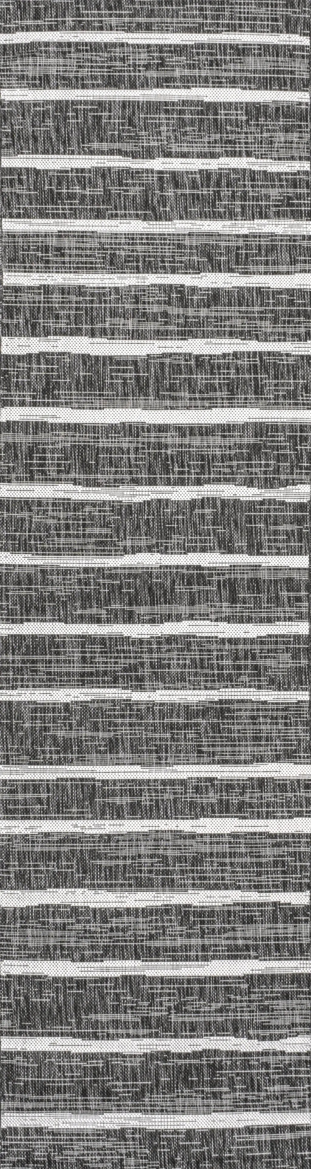 8' Black And Ivory Striped Indoor Outdoor Runner Rug Homeroots Outdoor