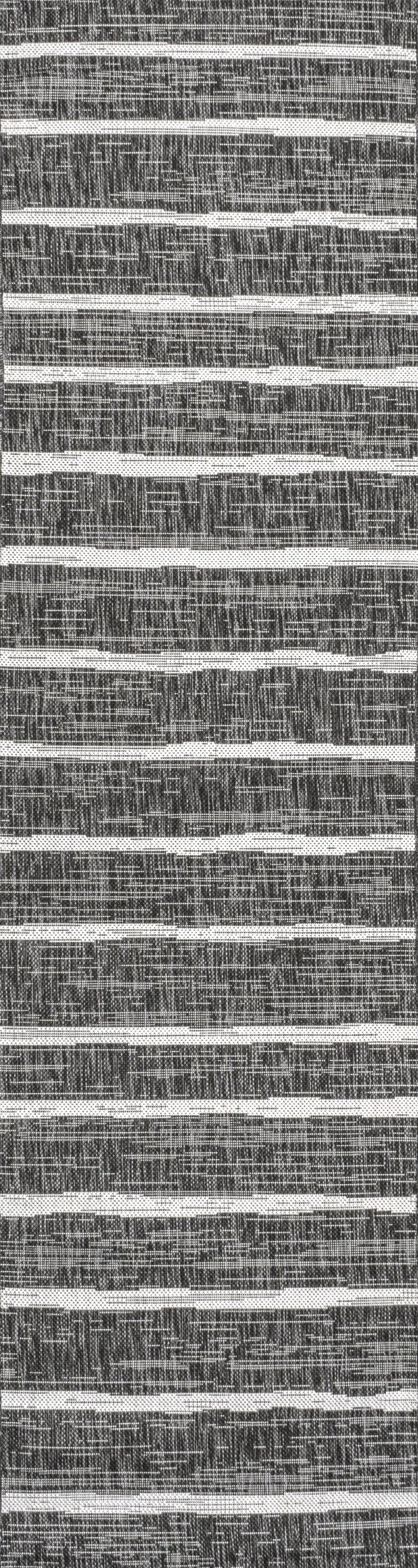 8' Black And Ivory Striped Indoor Outdoor Runner Rug Homeroots Outdoor