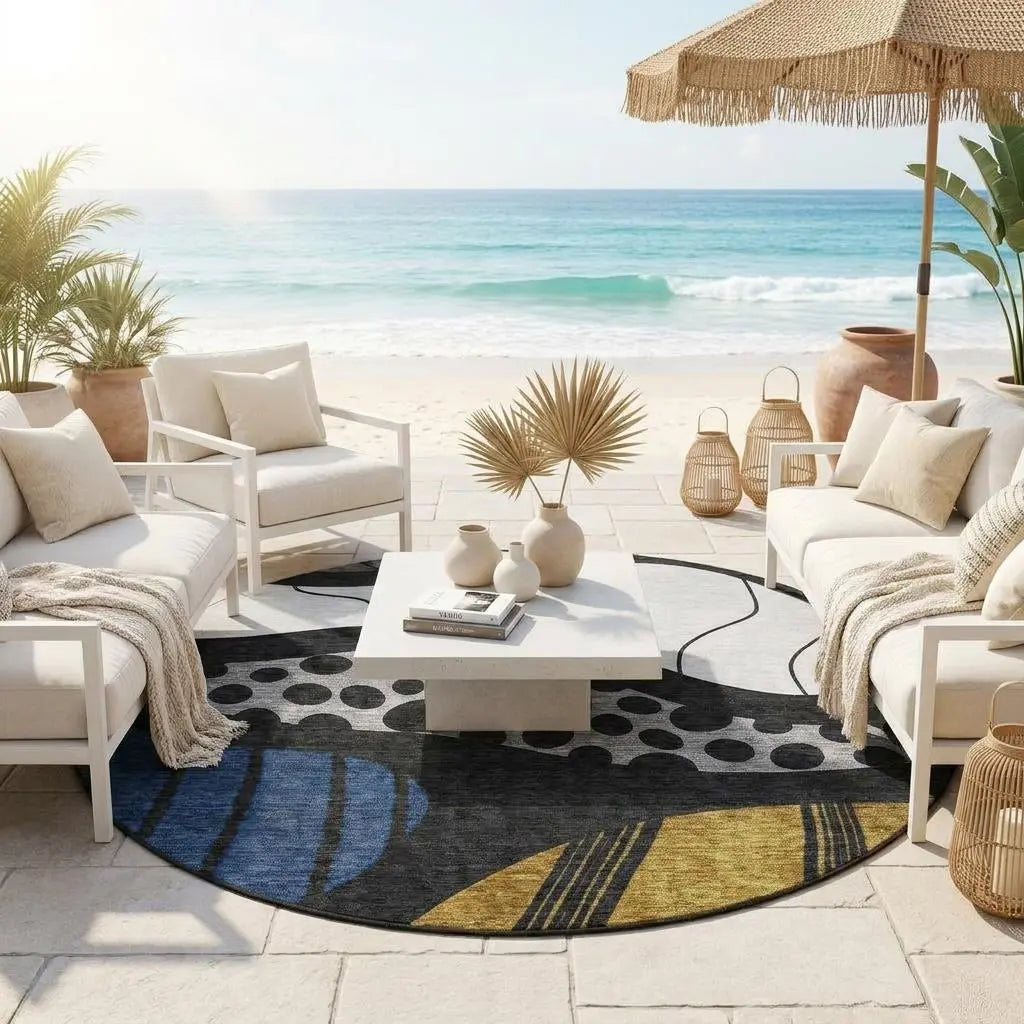 8' Black And Khaki Round Abstract Washable Indoor Outdoor Area Rug Homeroots Outdoor