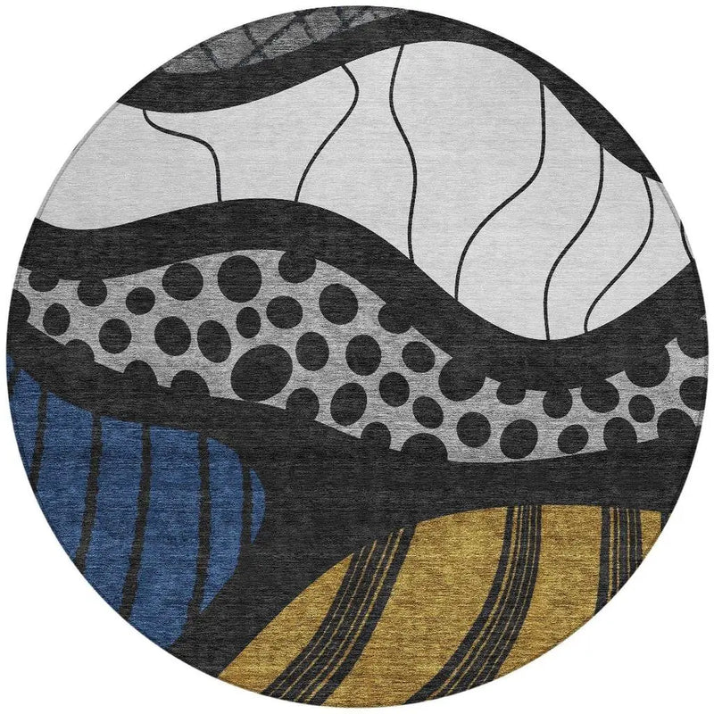 8' Black And Khaki Round Abstract Washable Indoor Outdoor Area Rug Homeroots Outdoor