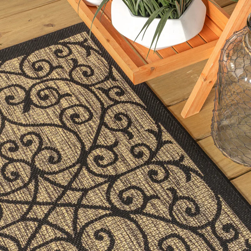 8' Black And Khaki Square Geometric Indoor Outdoor Area Rug Homeroots Outdoor