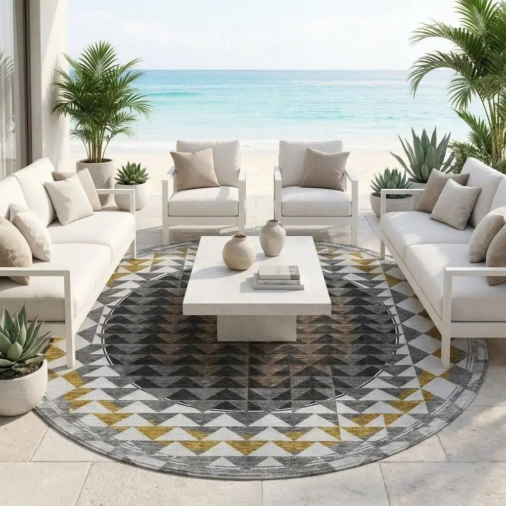 8' Black And Linen Round Geometric Washable Indoor Outdoor Area Rug Homeroots Outdoor