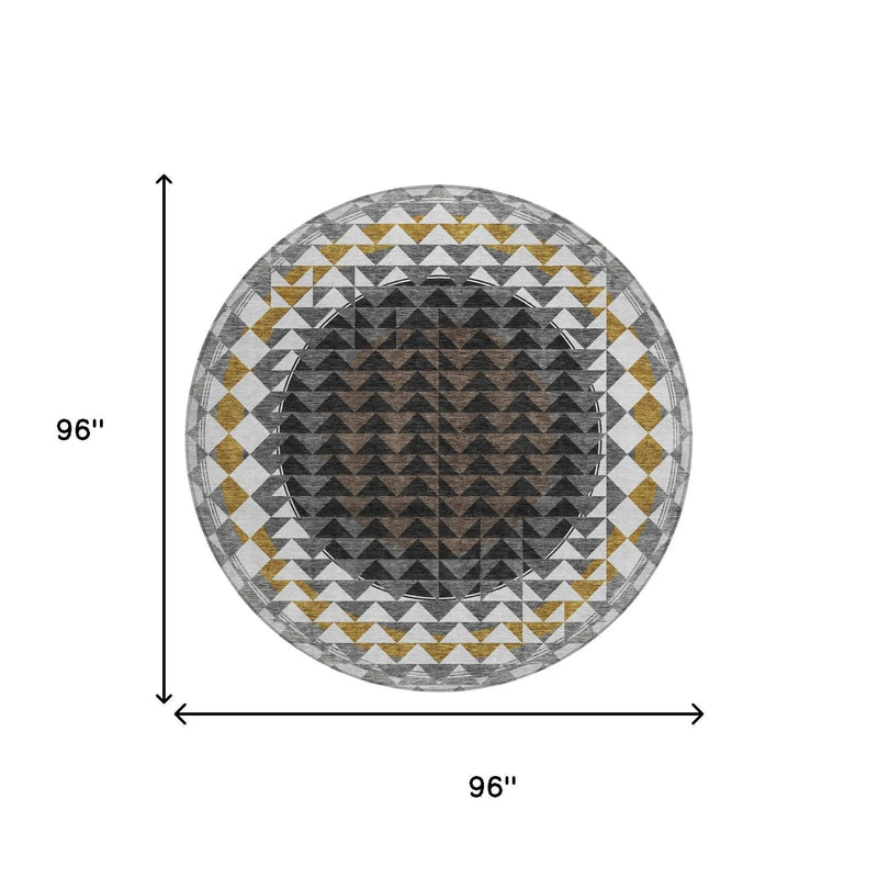 8' Black And Linen Round Geometric Washable Indoor Outdoor Area Rug Homeroots Outdoor