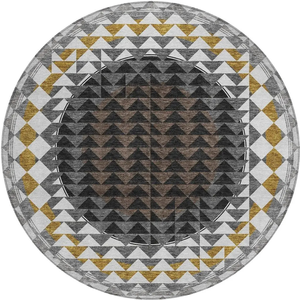 8' Black And Linen Round Geometric Washable Indoor Outdoor Area Rug Homeroots Outdoor
