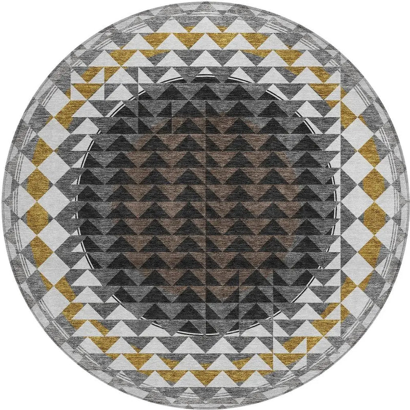 8' Black And Linen Round Geometric Washable Indoor Outdoor Area Rug Homeroots Outdoor