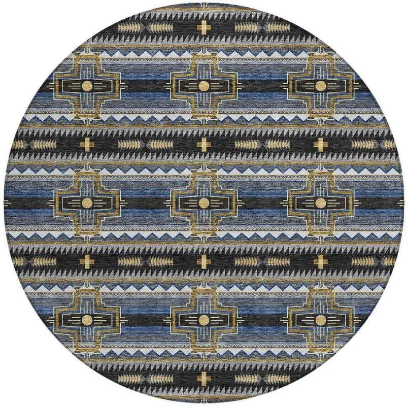 8' Black And Mauve Round Tribal Washable Indoor Outdoor Area Rug Homeroots Outdoor