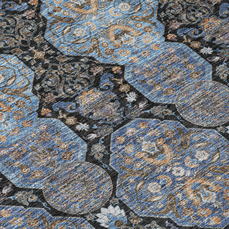 8' Black And Navy Blue Round Floral Washable Indoor Outdoor Area Rug Homeroots Outdoor