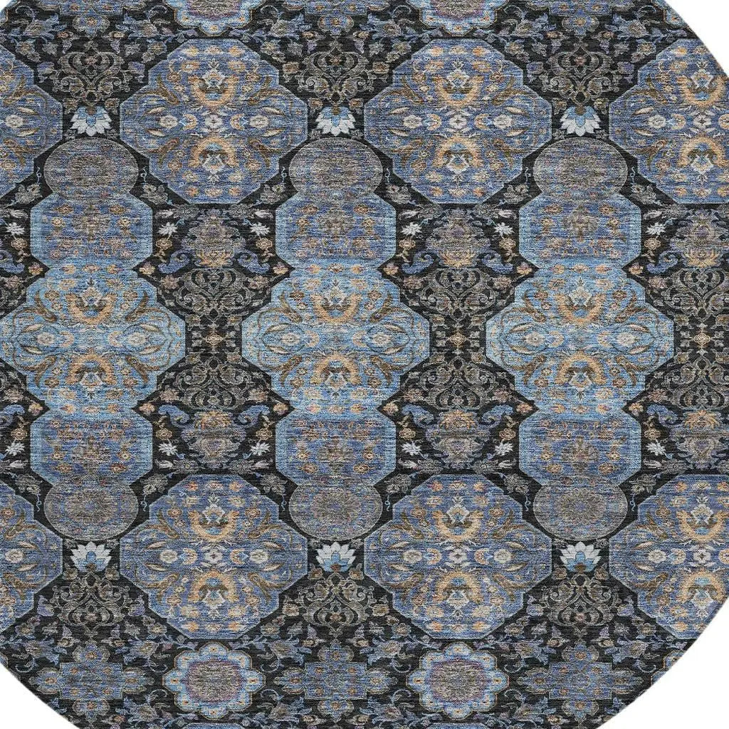 8' Black And Navy Blue Round Floral Washable Indoor Outdoor Area Rug Homeroots Outdoor
