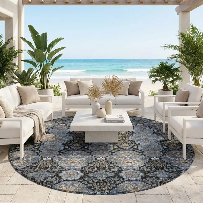 8' Black And Navy Blue Round Floral Washable Indoor Outdoor Area Rug Homeroots Outdoor