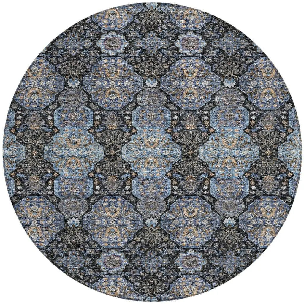 8' Black And Navy Blue Round Floral Washable Indoor Outdoor Area Rug Homeroots Outdoor