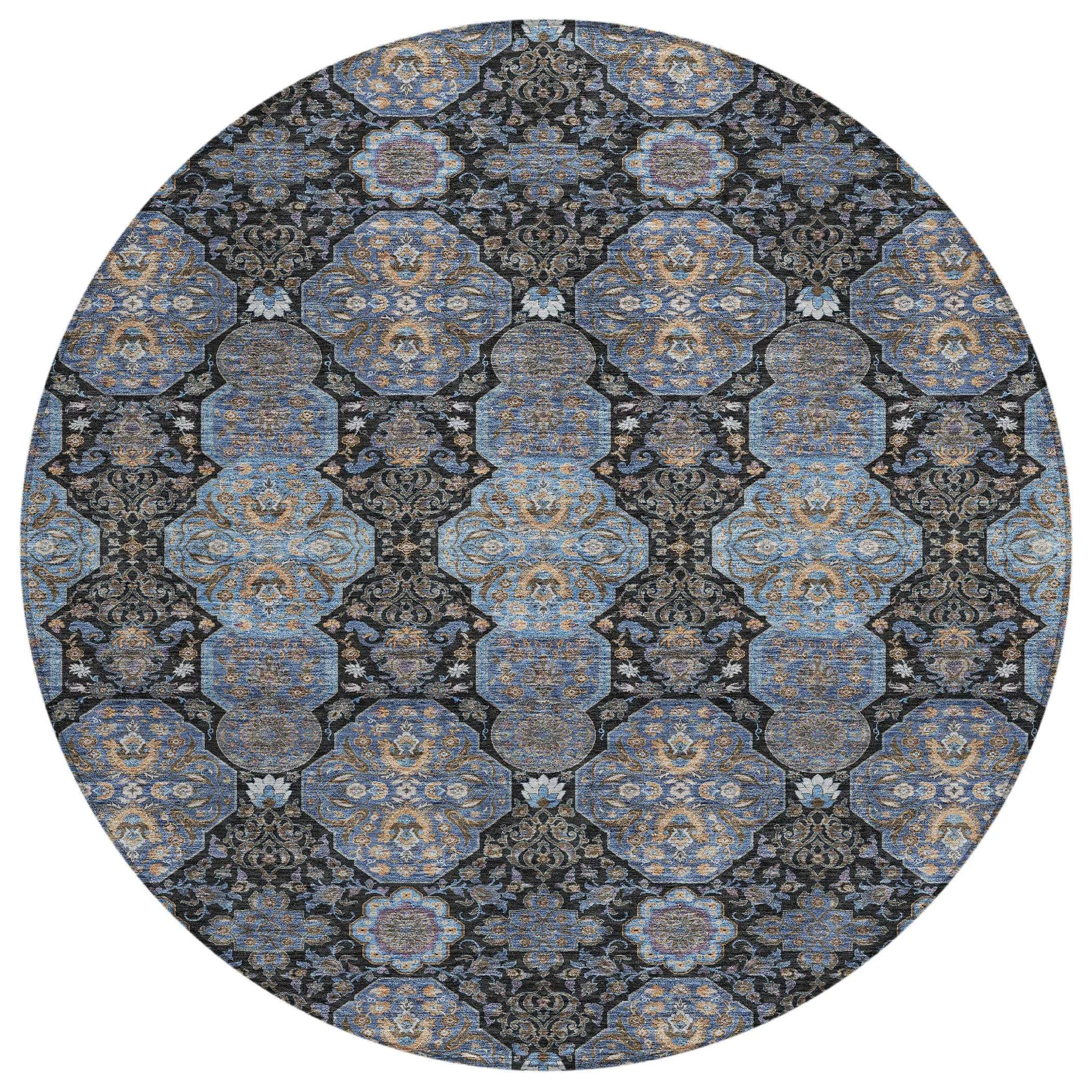 8' Black And Navy Blue Round Floral Washable Indoor Outdoor Area Rug Homeroots Outdoor