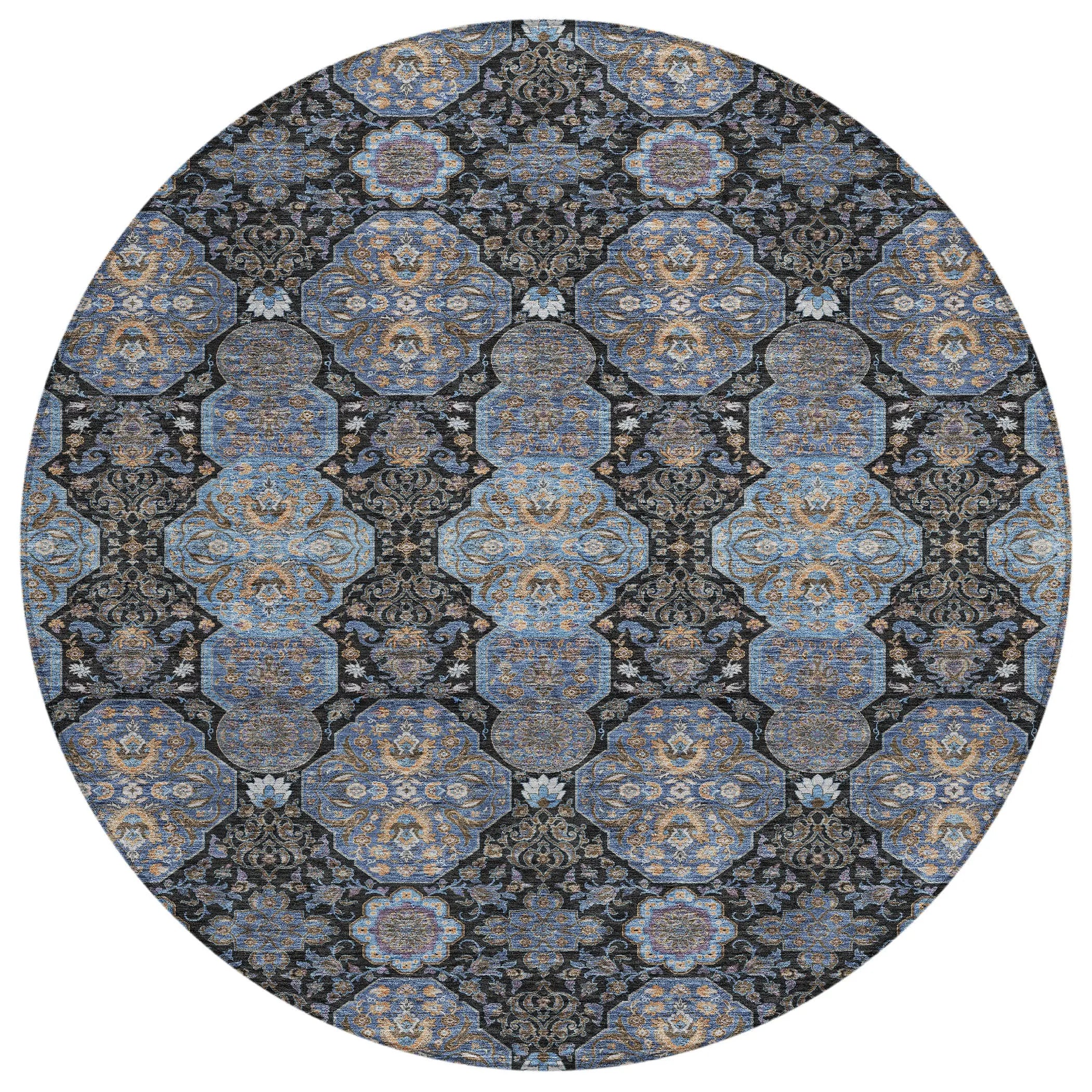 8' Black And Navy Blue Round Floral Washable Indoor Outdoor Area Rug Homeroots Outdoor