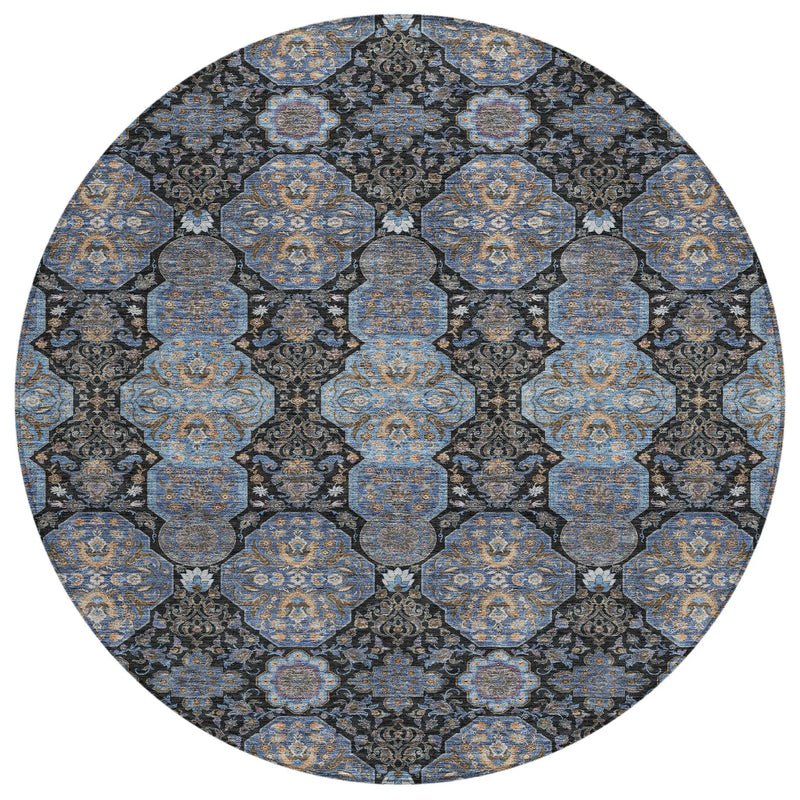 8' Black And Navy Blue Round Floral Washable Indoor Outdoor Area Rug Homeroots Outdoor