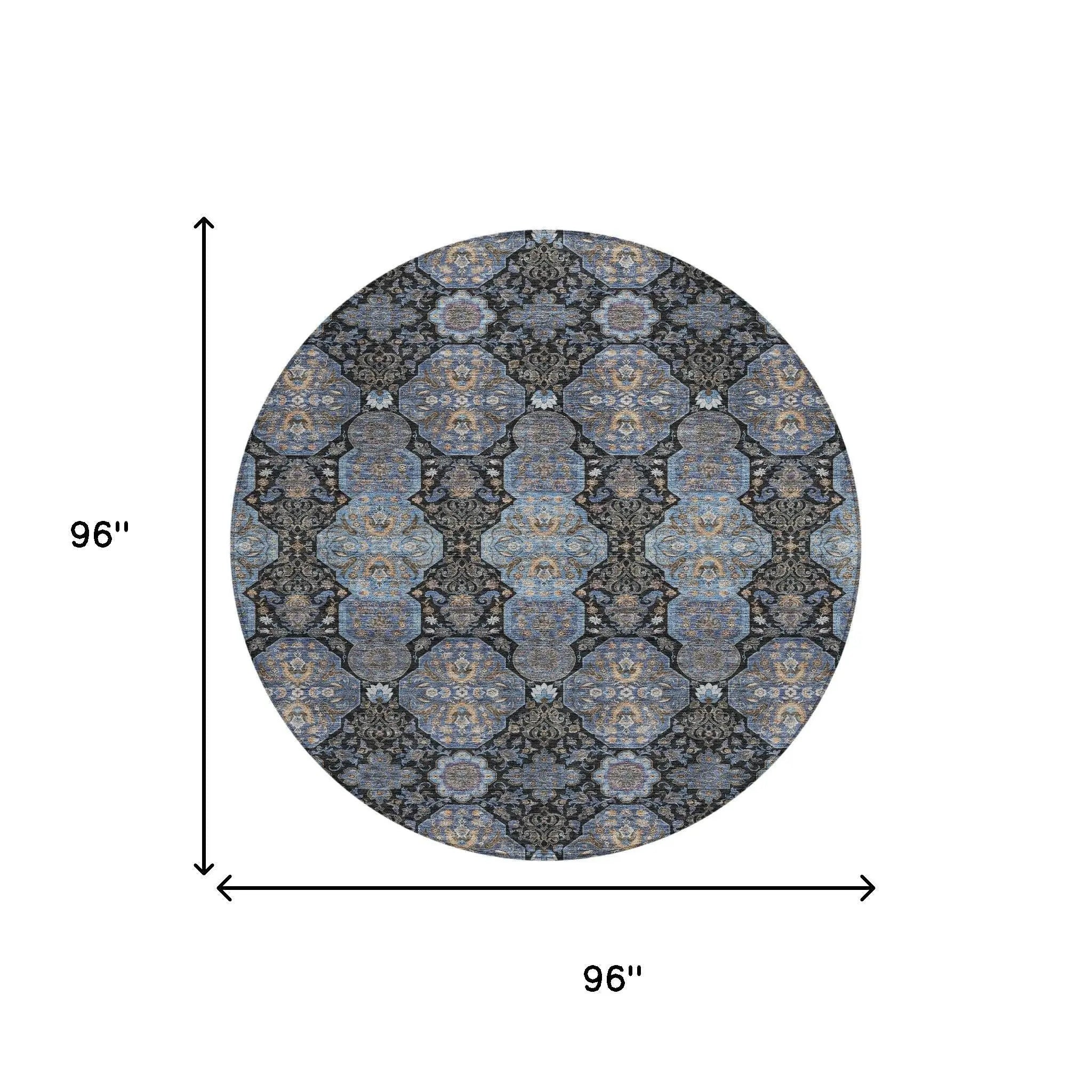 8' Black And Navy Blue Round Floral Washable Indoor Outdoor Area Rug Homeroots Outdoor