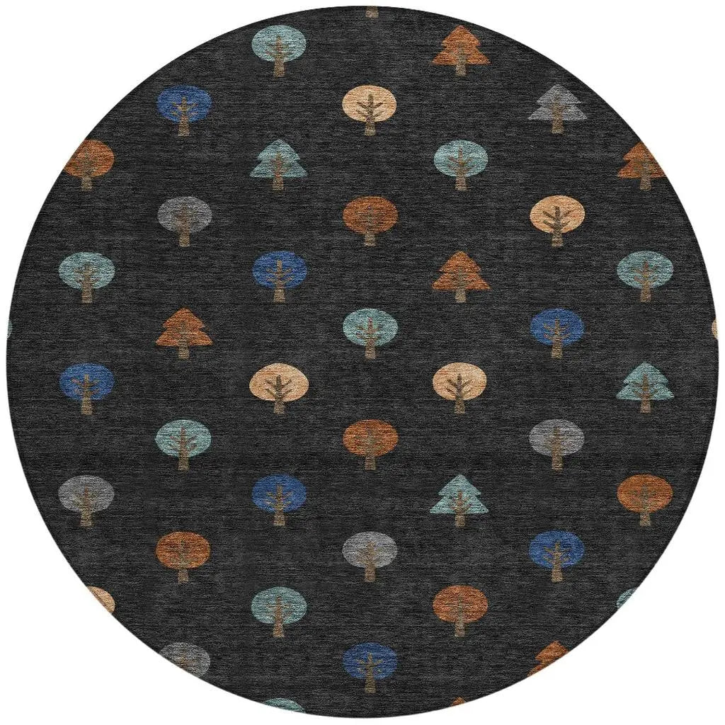 8' Black And Navy Blue Round Geometric Washable Indoor Outdoor Area Rug Homeroots Outdoor