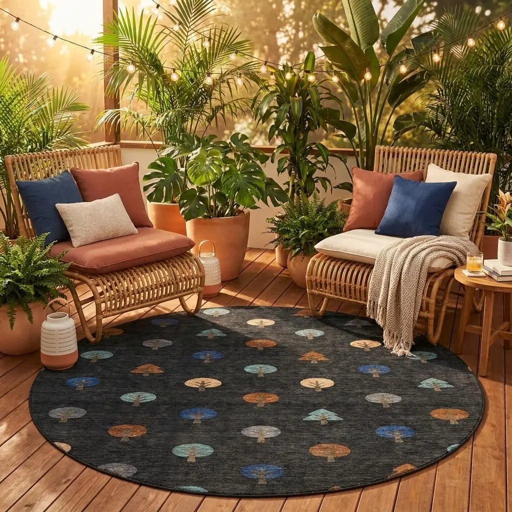 8' Black And Navy Blue Round Geometric Washable Indoor Outdoor Area Rug Homeroots Outdoor