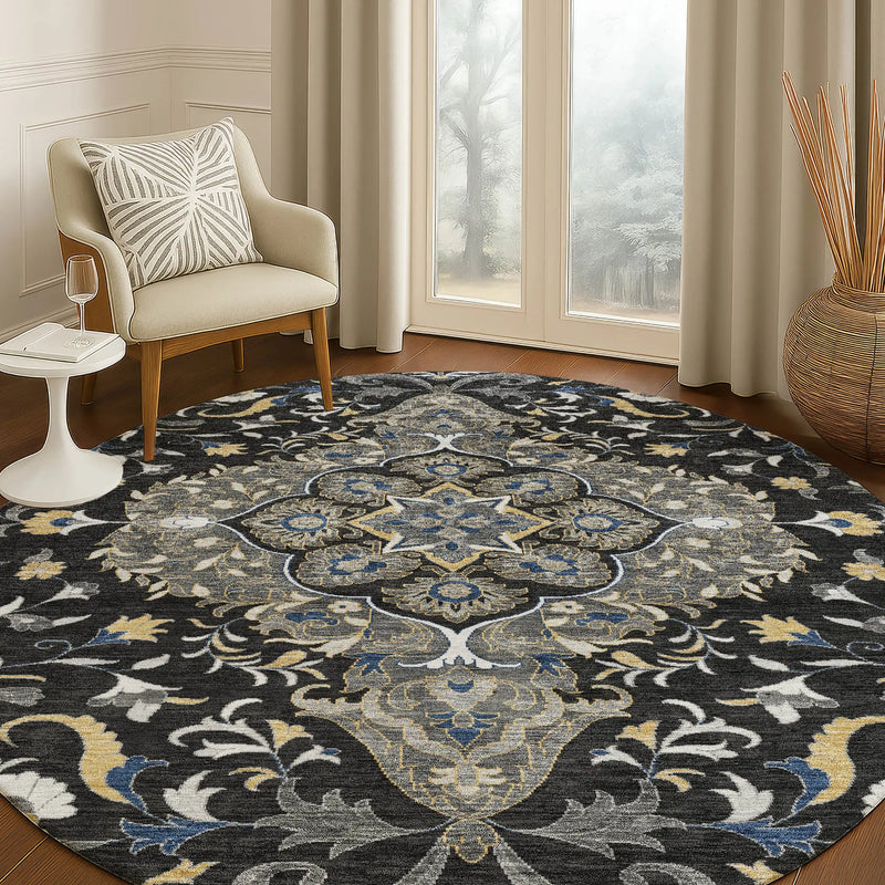 8' Black And Orange Round Medallion Washable Indoor Outdoor Area Rug Homeroots Outdoor
