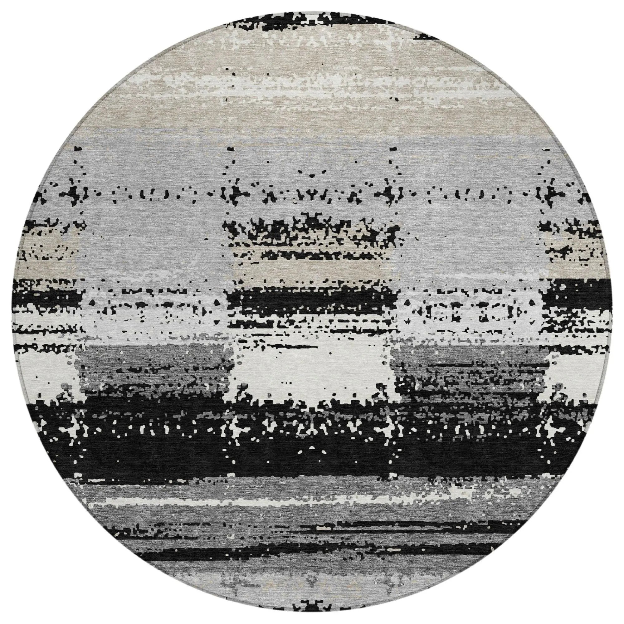 8' Black And Pewter Round Geometric Washable Indoor Outdoor Area Rug Homeroots Outdoor