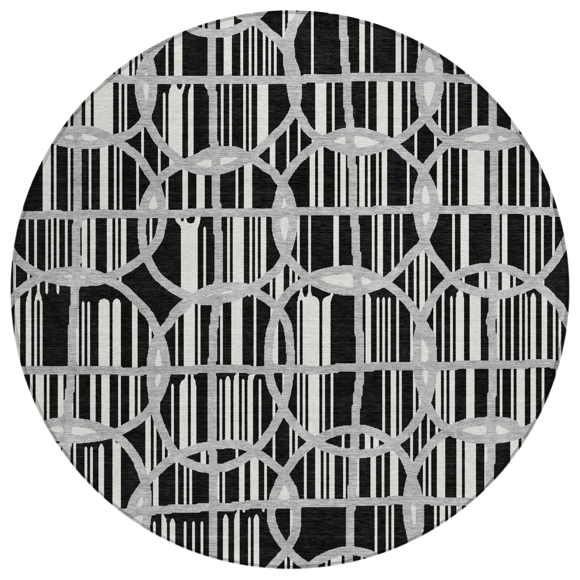 8' Black And Pewter Round Geometric Washable Indoor Outdoor Area Rug Homeroots Outdoor