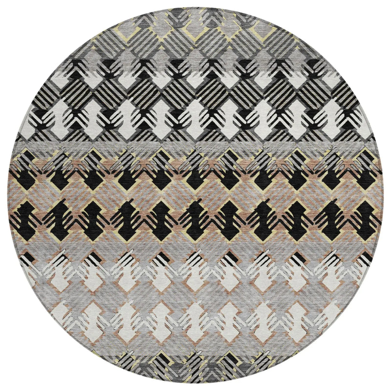 8' Black And Pewter Round Striped Washable Indoor Outdoor Area Rug Homeroots Outdoor