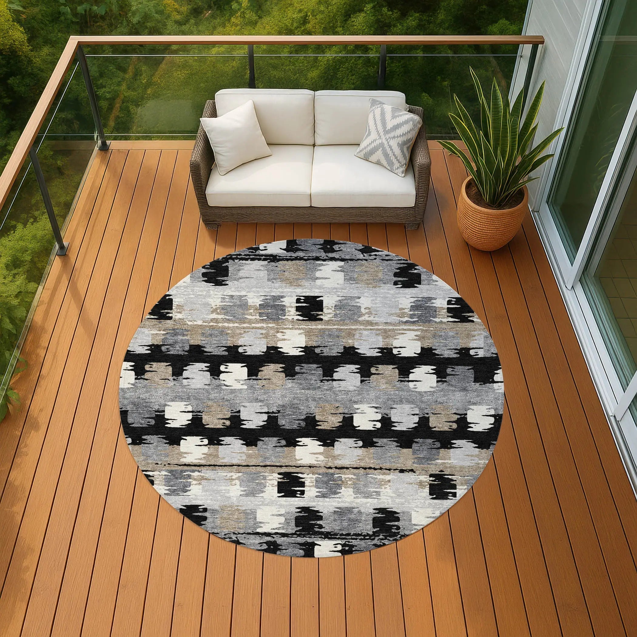 8' Black And Purple Round Abstract Washable Indoor Outdoor Area Rug Homeroots Outdoor