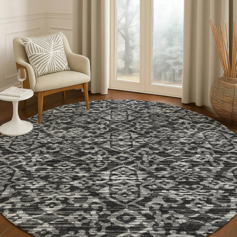 8' Black And Saffron Round Oriental Washable Indoor Outdoor Area Rug Homeroots Outdoor